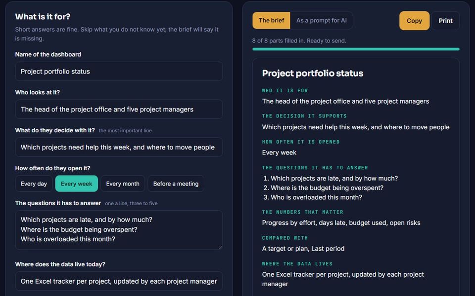 Dashboard brief builder: a one-page brief and a prompt for AI
